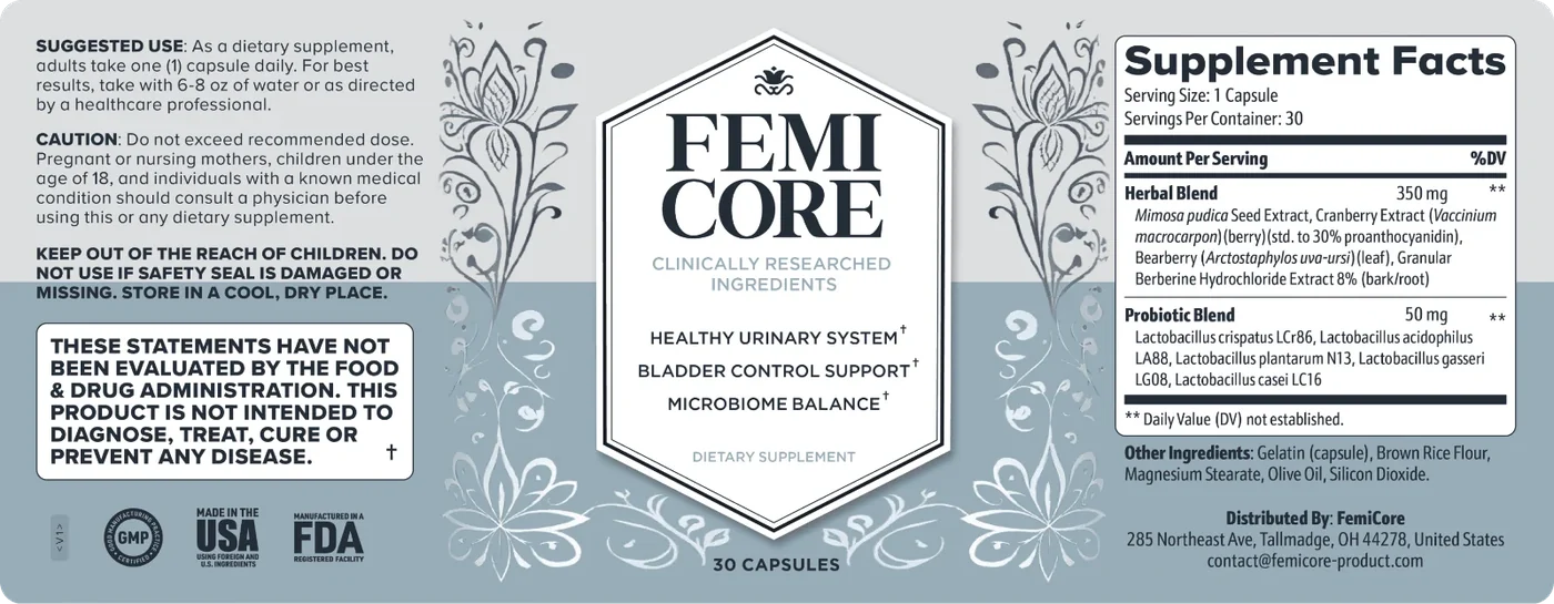 FemiCore Supplement Facts label with suggested use and cautions